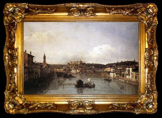 framed  Bernardo Bellotto View of Verona and the River Adige from the Ponte Nuovo, ta009-2